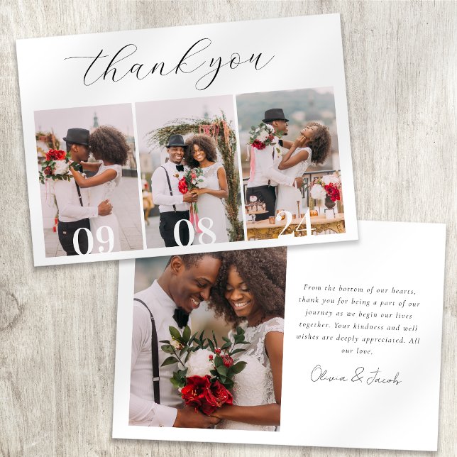 Minimalist 4 Photo Calligraphy Wedding  Thank You Card (Creator Uploaded)