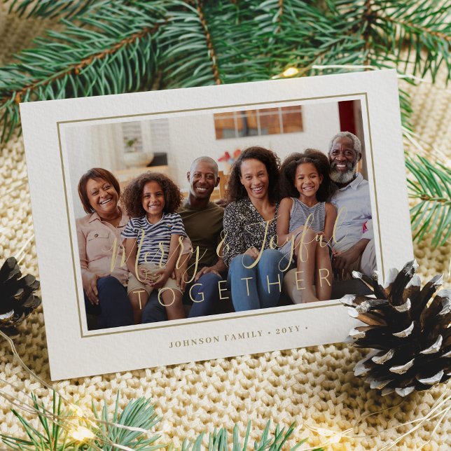 Minimalist 4 photo collage gold script Christmas Holiday Card (Creator Uploaded)