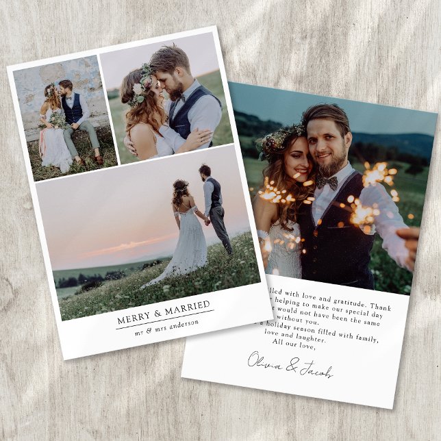 Minimalist 4 Photo Merry & Married Holiday Card (Creator Uploaded)