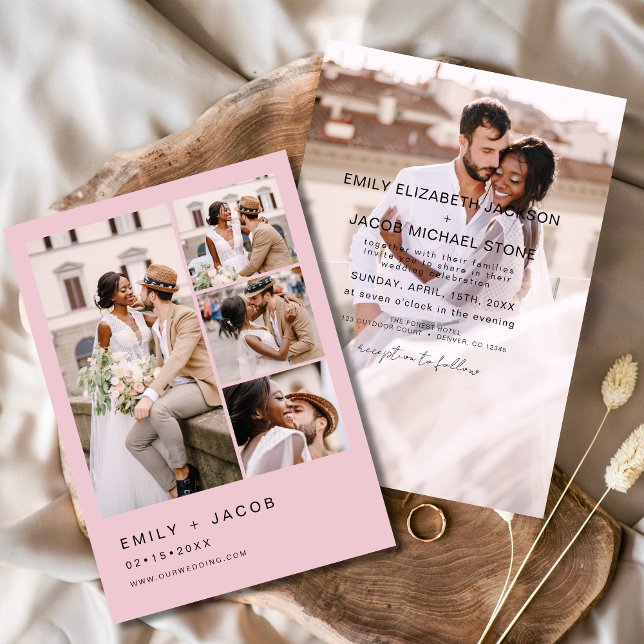 Minimalist 5 Photo Blush Pink Elegant Wedding Invitation (Creator Uploaded)