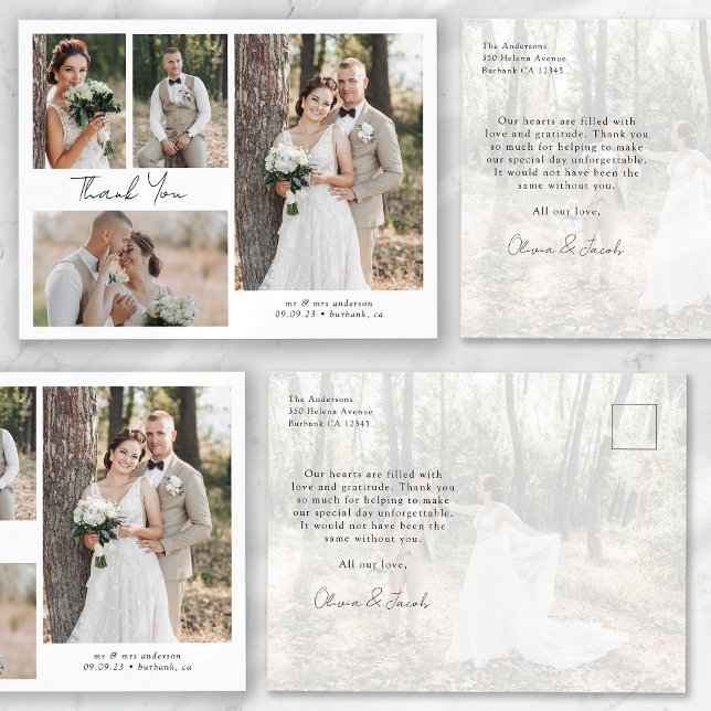 Minimalist 5 Photo Calligraphy Wedding Thank You Postcard (Creator Uploaded)
