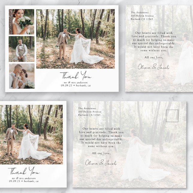 Minimalist 5 Photo Calligraphy Wedding Thank You Postcard (Creator Uploaded)