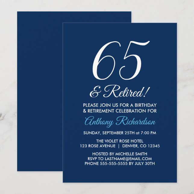 Minimalist 65 and Retired Navy Blue Retirement Invitation (Front/Back)