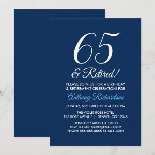 Minimalist 65 and Retired Navy Blue Retirement Invitation