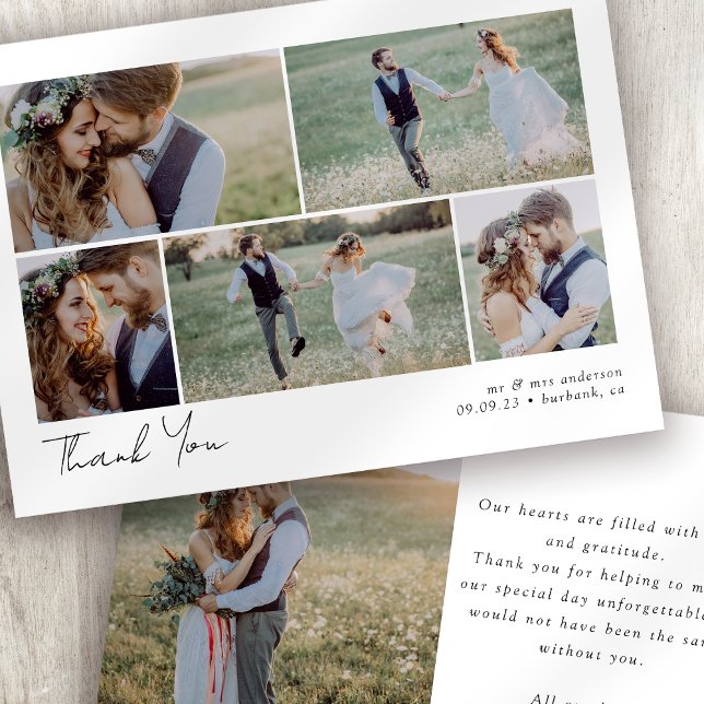 Minimalist 6 Photo Calligraphy Wedding  Thank You Card (Creator Uploaded)