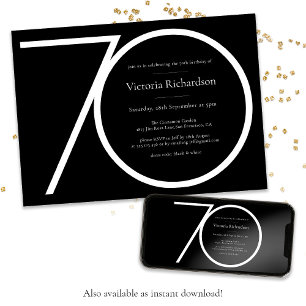 Minimalist 70th Birthday Modern Custom Black White Invitation