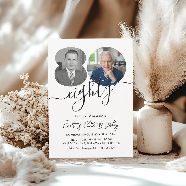 Minimalist 80th Birthday Party 2 Photo Invitation (Creator Uploaded)