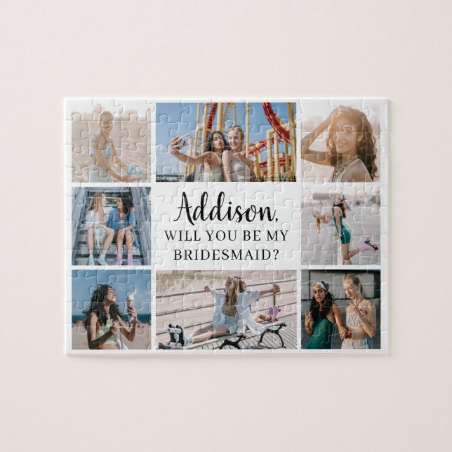 Minimalist 8 Photo Collage Bridesmaid Proposal Jigsaw Puzzle (Horizontal)