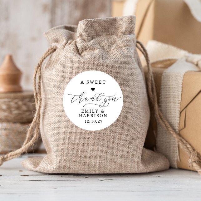 Minimalist A Sweet Thank You Script Heart Wedding  Classic Round Sticker (Creator Uploaded)