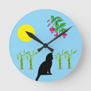 Minimalist Abstract Botanicals Cat Round Clock