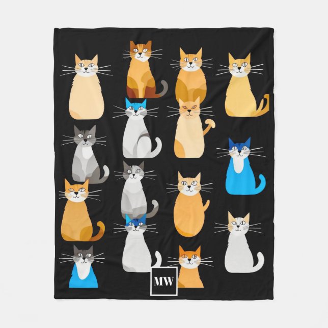 Minimalist abstract cat collage monogram fleece blanket (Front)