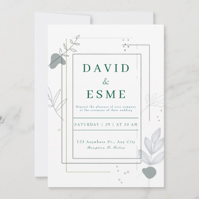 Minimalist Abstract Grey Botanical Wedding Invitation (Front)