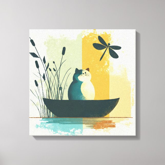 Minimalist Abstract Lake Chubby White Cat Canoe Canvas Print (Front)
