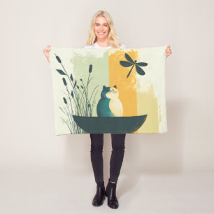 Minimalist Abstract Lake Chubby White Cat Canoe Fleece Blanket