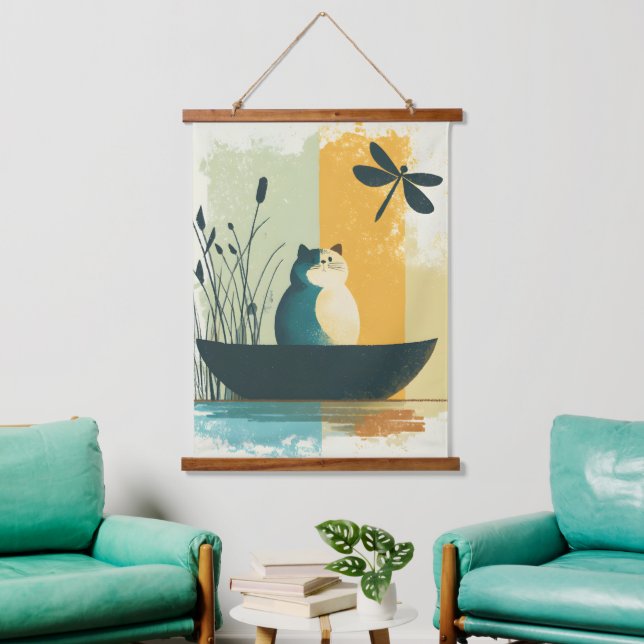 Minimalist Abstract Lake Chubby White Cat Canoe Hanging Tapestry (Living Room)