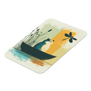 Minimalist Abstract Lake Chubby White Cat Canoe Magnet