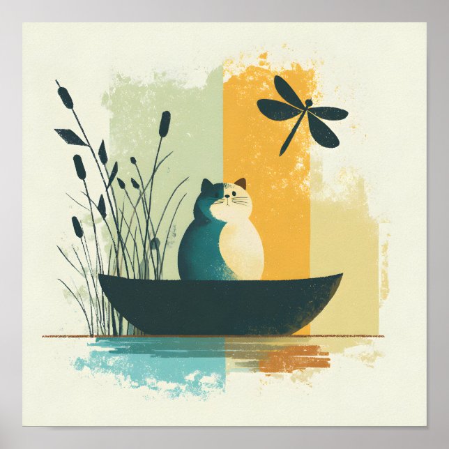 Minimalist Abstract Lake Chubby White Cat Canoe Poster (Front)