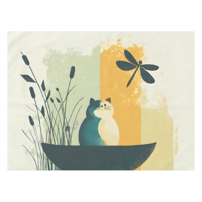 Minimalist Abstract Lake Chubby White Cat Canoe Tablecloth (Front (Horizontal))