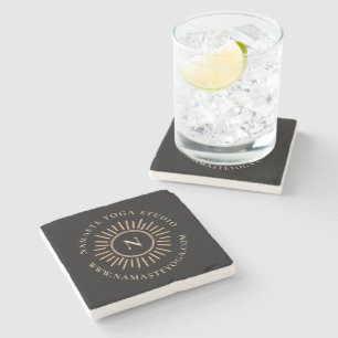 Minimalist Abstract Monogram Black Yellow Gold Stone Coaster