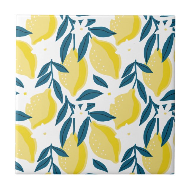Minimalist Abstract Yellow Lemons and Teal Leaves Tile (Front)