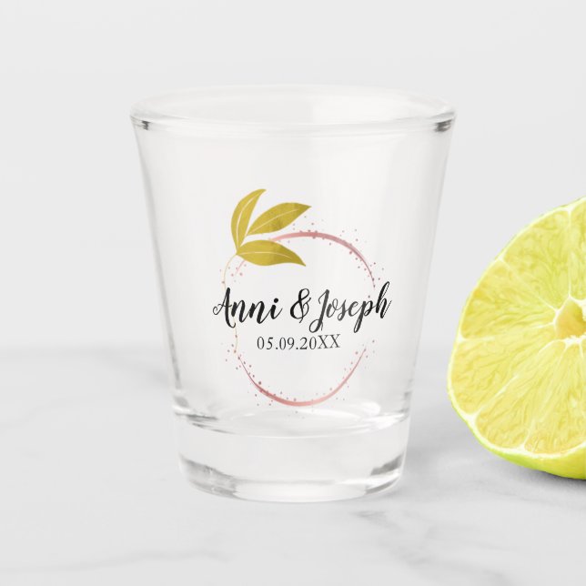 Minimalist Add Couple Name Date Rose Pink Wedding  Shot Glass (Front)
