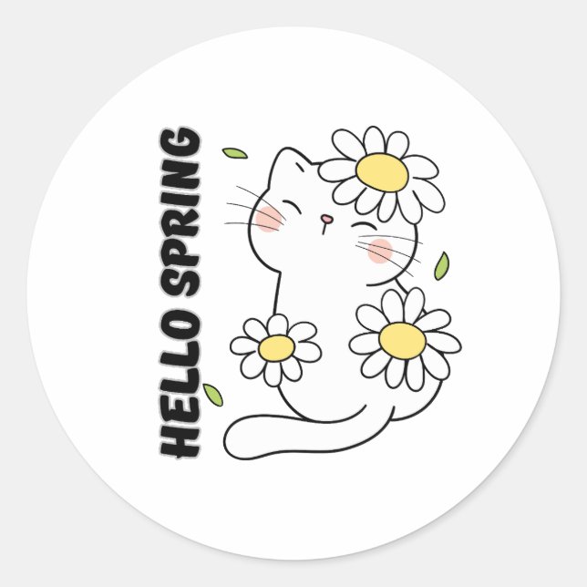 Minimalist Aesthetic Hello Spring Cat & Daisy  Classic Round Sticker (Front)