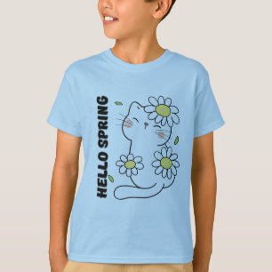 Minimalist Aesthetic Hello Spring Cat & Daisy T-Shirt