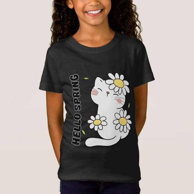 Minimalist Aesthetic Hello Spring Cat & Daisy  T-Shirt (Front)