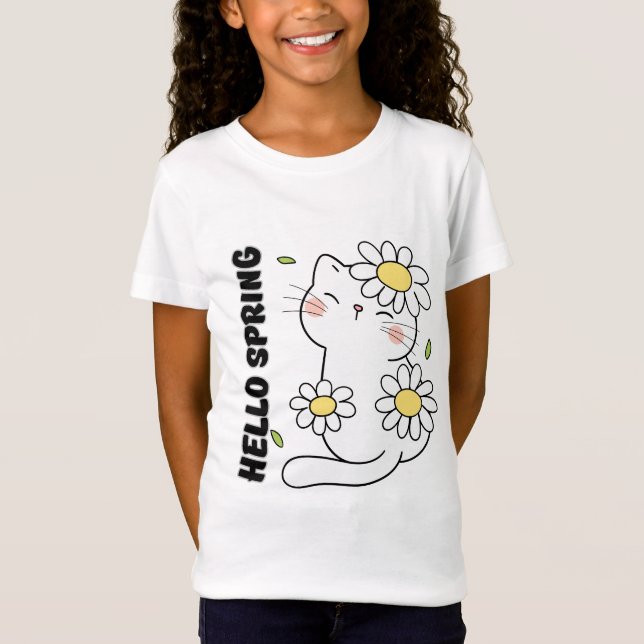 Minimalist Aesthetic Hello Spring Cat & Daisy  T-Shirt (Front)