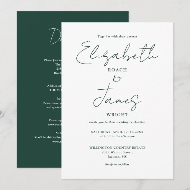 Minimalist All In One Emerald Green Script Wedding Invitation (Front/Back)