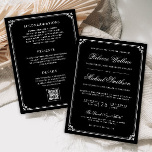 Minimalist All in One QR Code Black Wedding Invitation