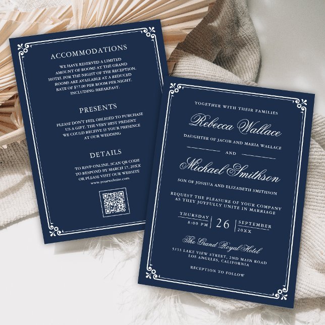 Minimalist All in One QR Code Navy Blue Wedding Invitation (Creator Uploaded)