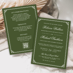 Minimalist All in One QR Code Olive Green Wedding Invitation