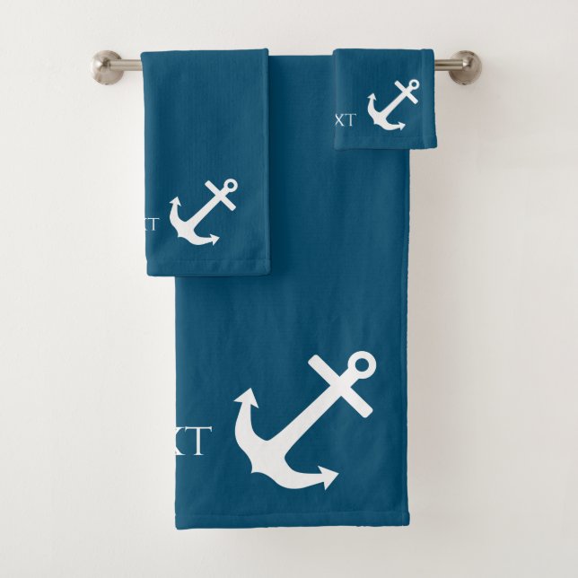 Minimalist Anchor & Stripes Nautical Bath Towel Set (Insitu)
