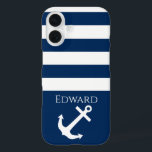 Minimalist Anchor & Stripes Nautical iPhone 16 Case<br><div class="desc">Minimalist stripes & Anchor Design
Personalise your name (or delete all text!) and background colour (shown as blue),  add your own images,  etc... it's up to you,  it's a template! :)
Check out the shop for matching items.</div>