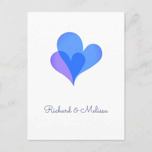 Minimalist and elegant blue and purple hearts holiday postcard (Front)