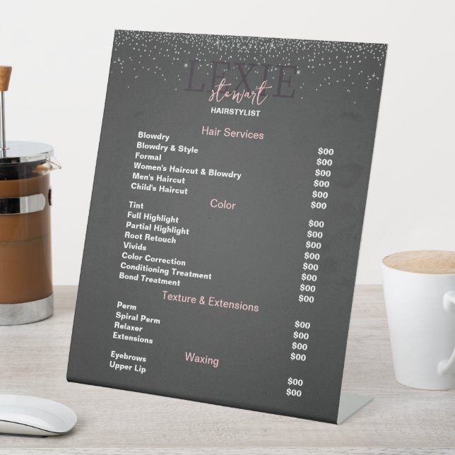 Minimalist and Elegant Hair Stylist Price List Pedestal Sign (In SItu)