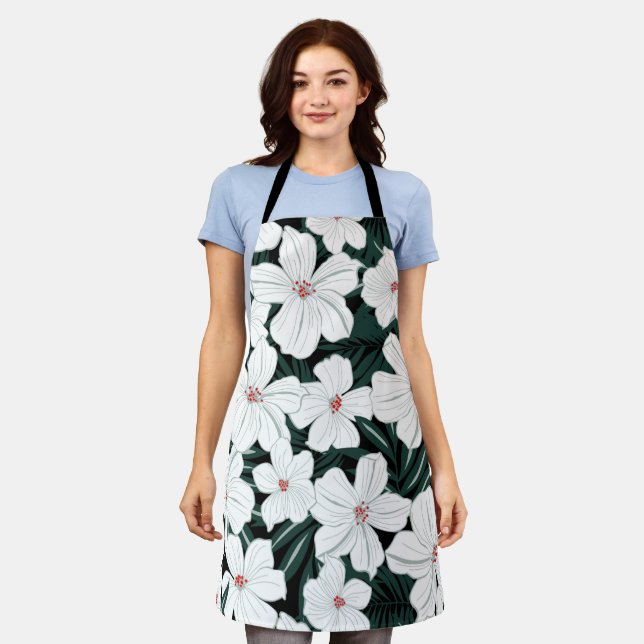 Minimalist and pretty pattern white green flowers apron (Worn)