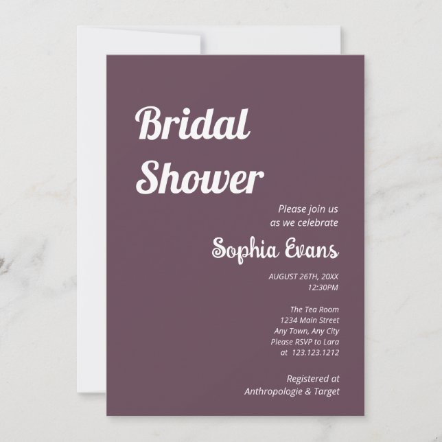 Minimalist and Simple Eggplant Bridal Shower Invitation (Front)