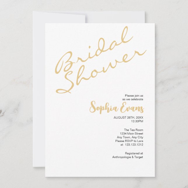 Minimalist and Simple Gold and White Bridal Shower Invitation (Front)