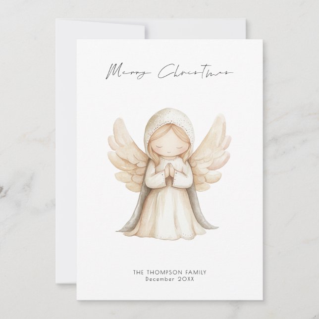 Minimalist Angel Script Merry Christmas Holiday Card (Front)