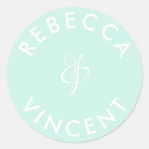 Minimalist Aqua Green Wedding Personalized Names Classic Round Sticker