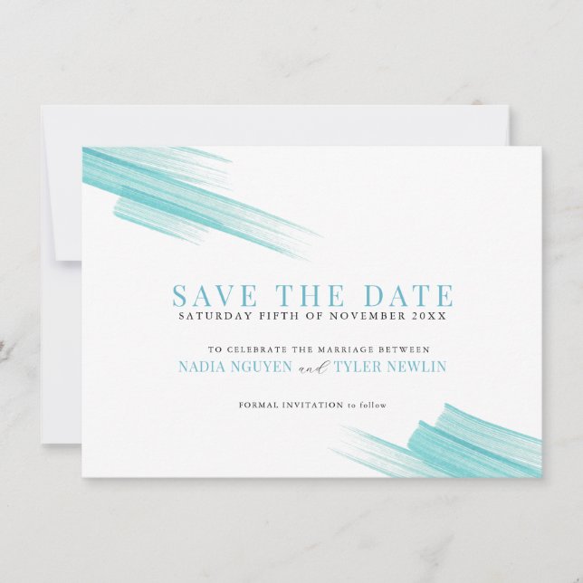 Minimalist aqua ink strokes photo wedding save the date (Front)