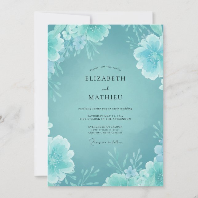 Minimalist Aqua Peony Wedding Invitation (Front)