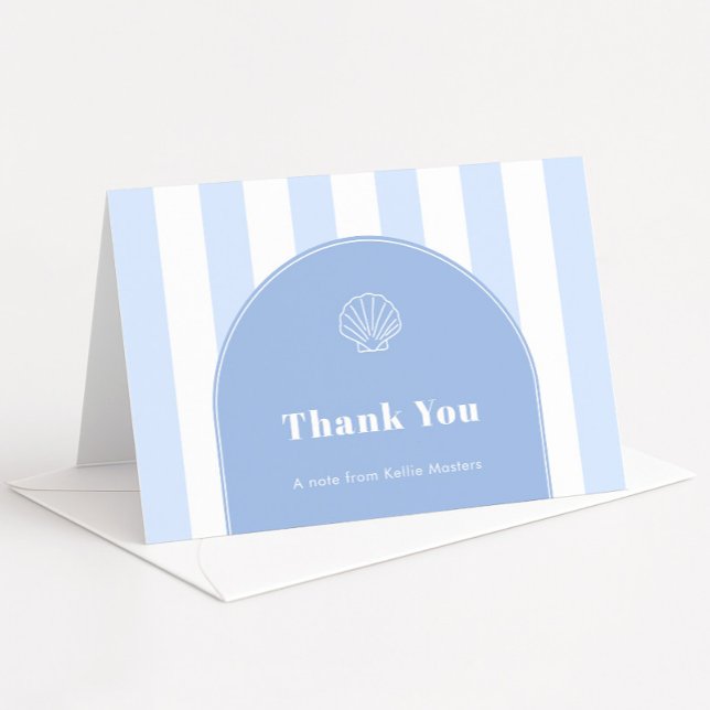 Minimalist Arch Blue White Stripes Coastal Theme Thank You Card (Simple coastal wedding shower thank you cards with sleek blue and white stripes, arch and seashell)