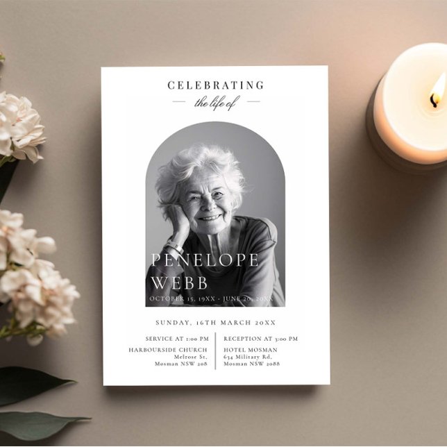 Minimalist Arch Celebration of Life Funeral Photo Invitation (Creator Uploaded)