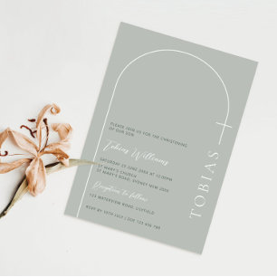Minimalist arch cross sage green christening invitation