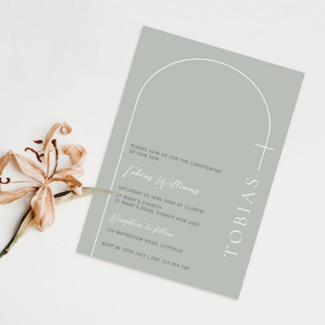 Minimalist arch cross sage green christening invitation (Creator Uploaded)