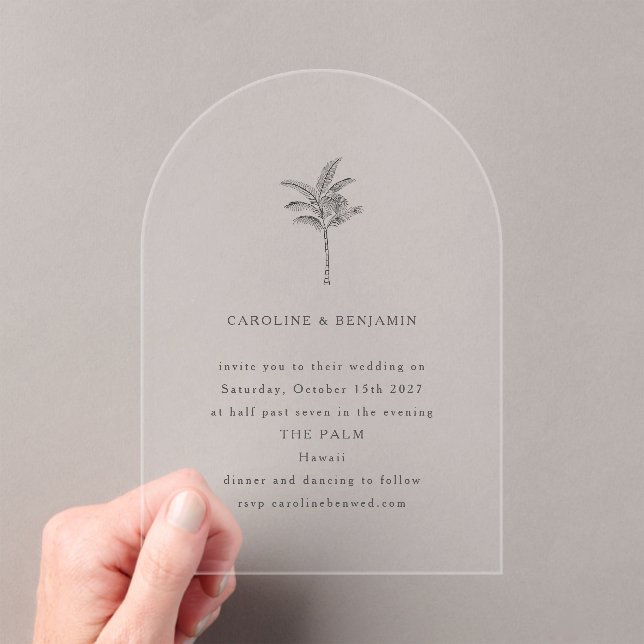 Minimalist Arch Palm Tree Line Art Elegant Wedding Acrylic Invitations (Insitu (Handheld))