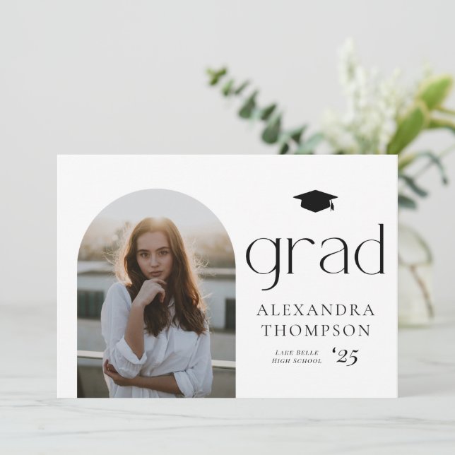 Minimalist Arch Photo Black Photo Graduation Announcement (Standing Front)